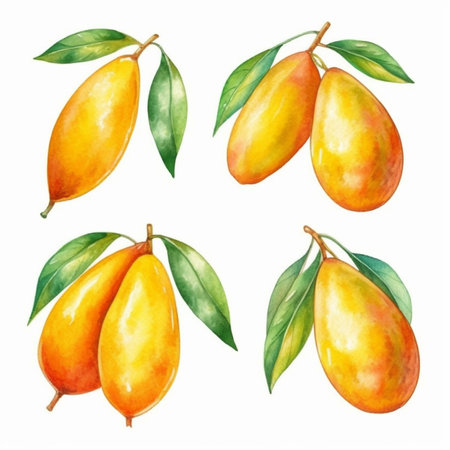 Watercolor mango fruit set isolated on white background. hand drawn illustrationの写真素材