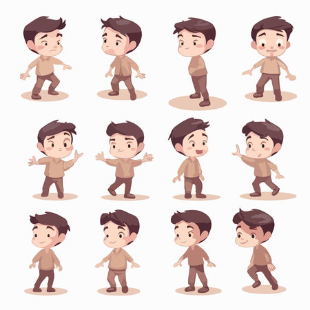 Vector illustration of cute little boy cartoon character in different poses and actions.のイラスト素材