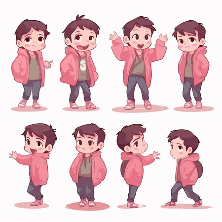 Vector illustration of a boy in winter clothes with different poses and gestures.のイラスト素材