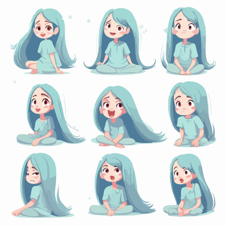 Set of cute cartoon little girl with long hair. vector illustration.のイラスト素材