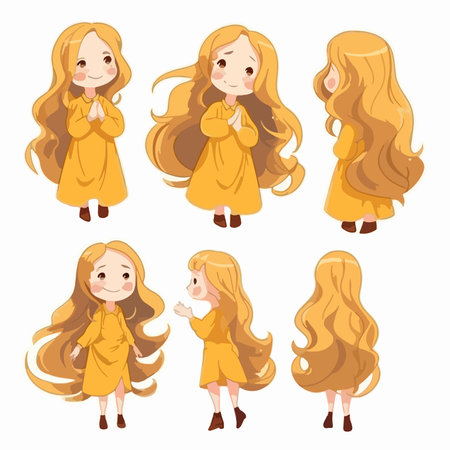 Cute little girl in a yellow dress with long hair. vector illustrationのイラスト素材