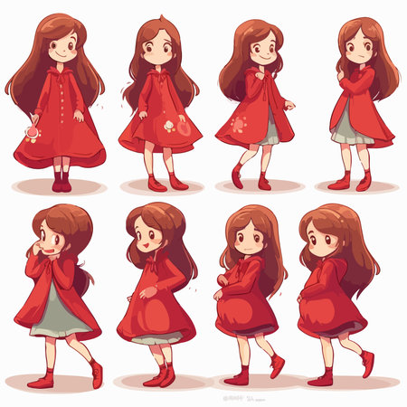 Set of cute little girl in red dress. Vector illustration in cartoon style.のイラスト素材