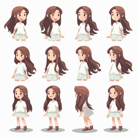 Cartoon character girl with long hair and different hairstyles. vector illustrationのイラスト素材