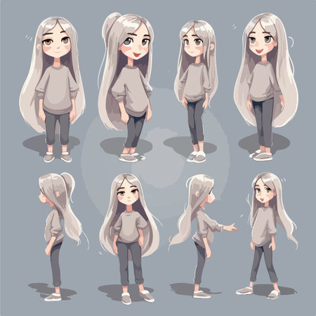 Set of cute cartoon girl with long blonde hair. vector illustration.のイラスト素材