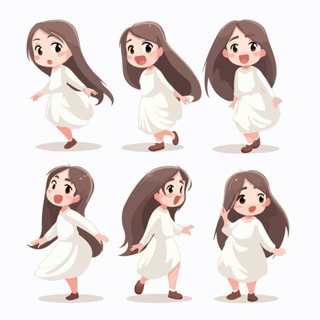 Cute cartoon girl with long hair in different poses. vector illustrationのイラスト素材