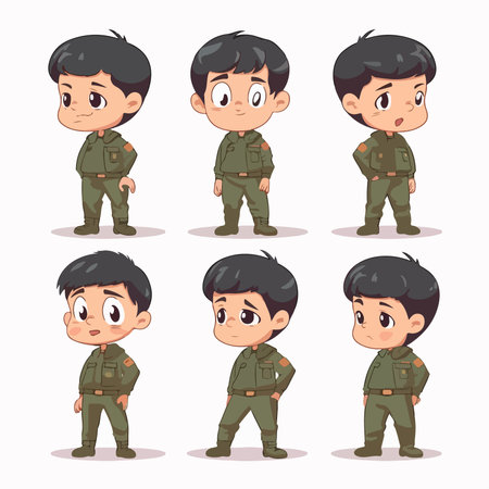 Boy in military uniform set. cute cartoon characters. vector illustrationのイラスト素材