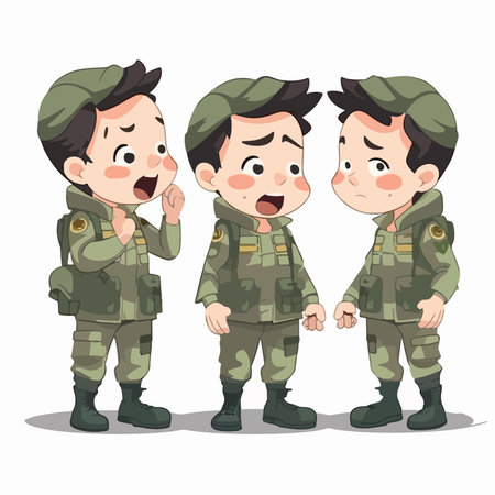 Soldier kids cartoon character vector illustration. Cute kids in military uniform.のイラスト素材