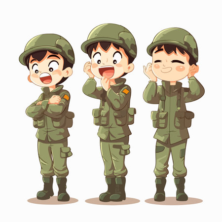 Cartoon cute boy and girl in military uniforms. vector illustration.のイラスト素材