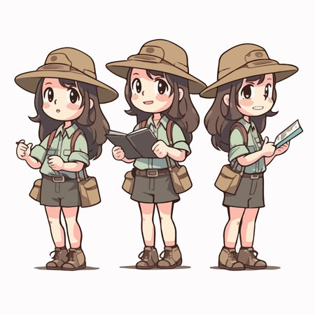 Trekking girls in safari outfit. Vector illustration isolated on white background.のイラスト素材