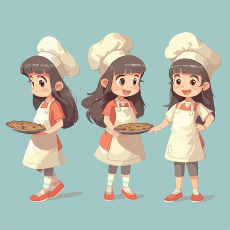 Cartoon little girls in chef uniform and hat cooking pie. vector illustrationのイラスト素材