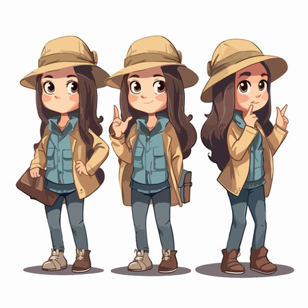 Cute girl in safari hat and coat. cartoon vector illustration.のイラスト素材