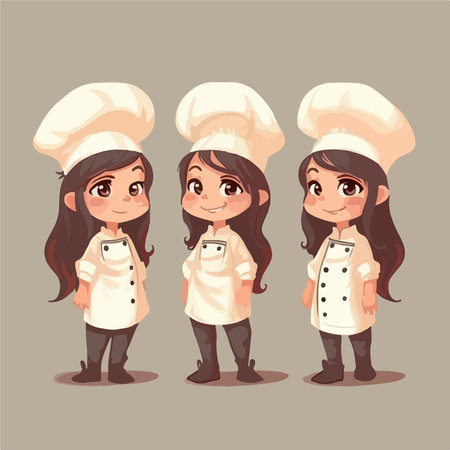 Cute little chef girl cartoon character in uniform. vector illustration.のイラスト素材