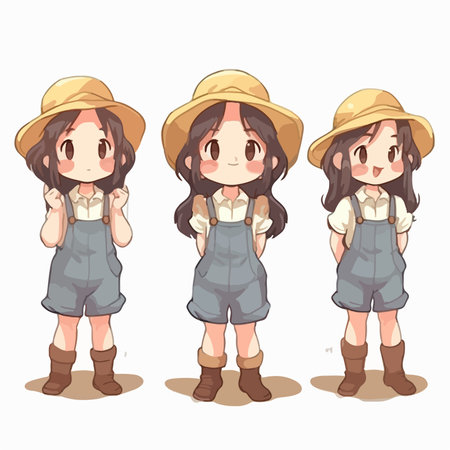 Girl in safari hat and overalls set. vector illustration.のイラスト素材