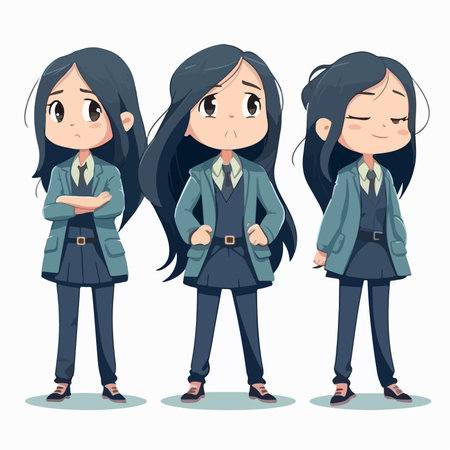 Illustration of a schoolgirl with different facial expressions. vector illustration.のイラスト素材