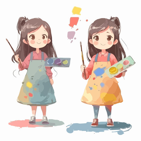 Cute little girl in apron and apron with palette and brush.のイラスト素材