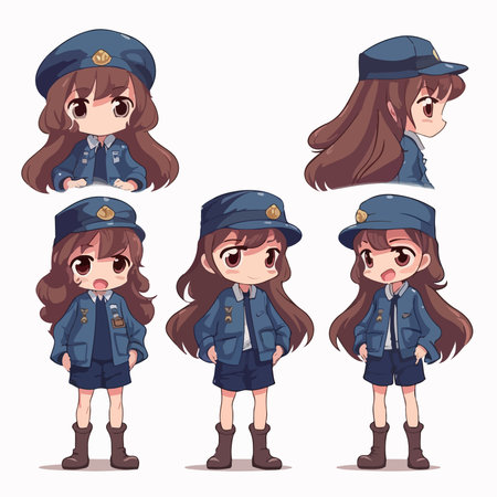 Cartoon police girl with different emotions. Set of vector illustrations.のイラスト素材