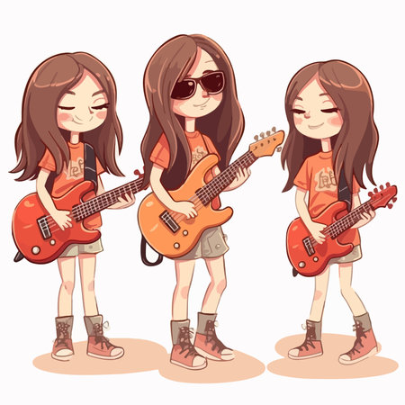 Little girls playing the electric guitar. Cute cartoon vector illustration.のイラスト素材