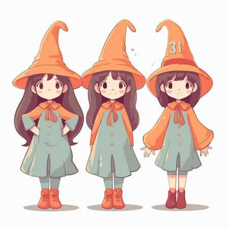Cute little witch girls. Vector illustration isolated on white background.のイラスト素材