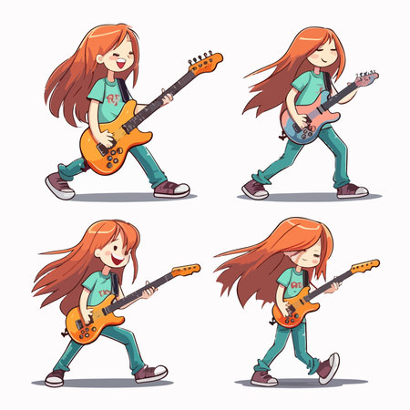 Cartoon girl playing the electric guitar. Set of vector illustrations.のイラスト素材