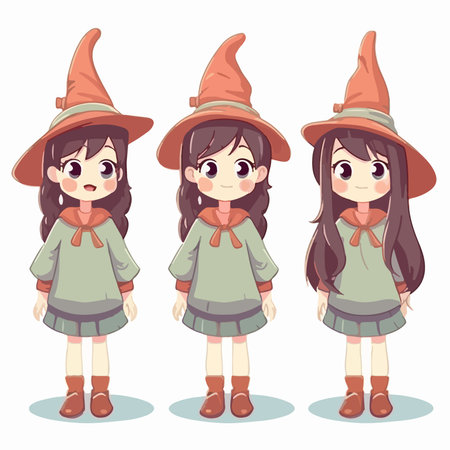 Cute little witch girls. Vector illustration in a flat style.のイラスト素材