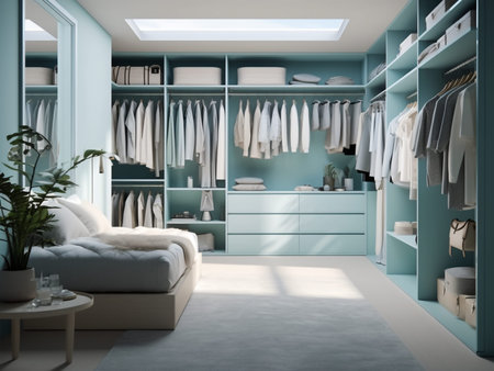 Interior of modern dressing room with blue walls, carpeted floor and comfortable sofa. 3d renderingの写真素材