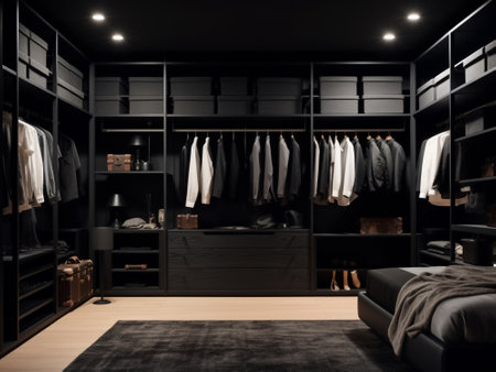 Modern black wardrobe with clothes hanging on it. 3d rendering.の写真素材
