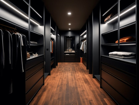 3d rendering of a modern black wardrobe in a luxury hotel roomの写真素材