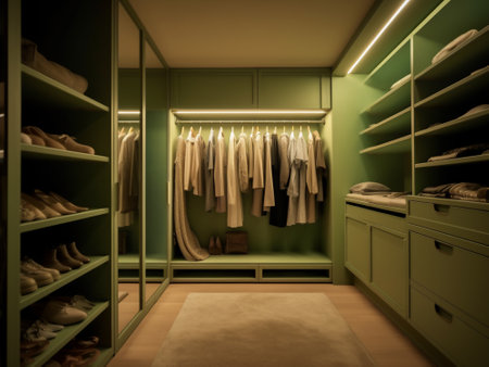 Wardrobe in green tones with clothes hanging on the wall. 3d renderingの写真素材