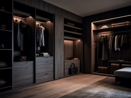 Luxury wooden wardrobe with clothes hanging on the wall. 3d renderingの写真素材
