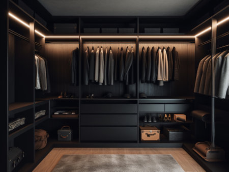 Closet with clothes in a modern wardrobe. 3d renderingの写真素材