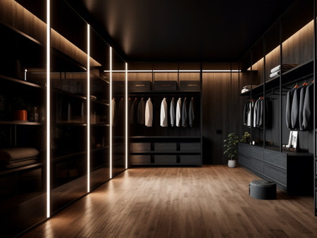 3d rendering black modern hallway with wooden floor and wardrobe with clothesの写真素材