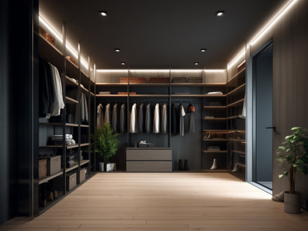 Interior of modern hallway with wooden floor, wardrobe and black walls. 3d renderingの写真素材
