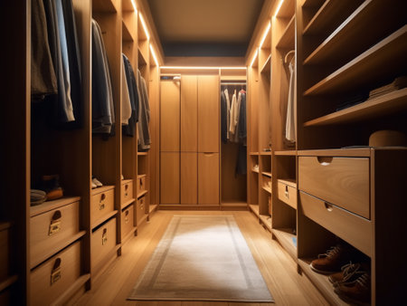 Closet with clothes and accessories in a modern dressing room.の写真素材