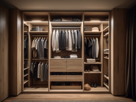 Closet with clothes in a modern wardrobe. 3d renderingの写真素材