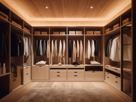 Interior of a modern wardrobe with clothes. toned image.の写真素材
