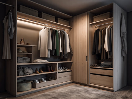 Closet with clothes and accessories in modern wardrobe. 3d renderingの写真素材