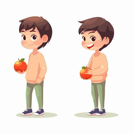 Cute boy and girl holding apples. vector illustration in cartoon styleのイラスト素材