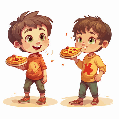 Two little boys eating pizza isolated on white background. vector illustration.のイラスト素材
