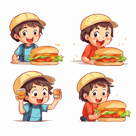 Two boys eating pizza. Vector illustration isolated on a white background.のイラスト素材