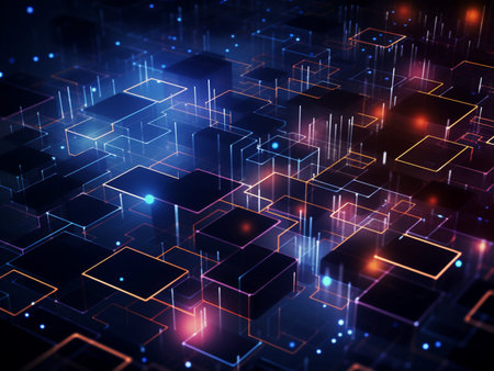 Abstract technology background with glowing cubes. 3d rendering toned image