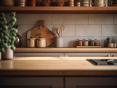 Interior of modern kitchen with wooden countertop and brown tile wallの写真素材