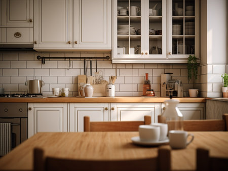 Kitchen interior with wooden furniture and cup of coffee. 3d renderingの写真素材