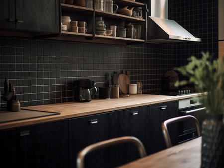 Modern kitchen interior with wooden countertop and black cupboard. toned image
