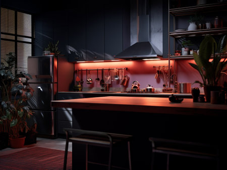 Interior of a modern kitchen with black and red walls. 3d rendering.の素材