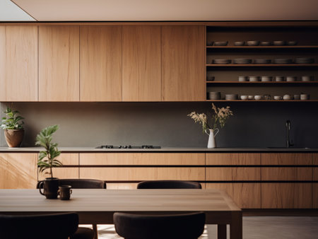 Interior of modern kitchen with wooden walls, concrete floor, gray countertops and black cupboards. 3d renderingの素材
