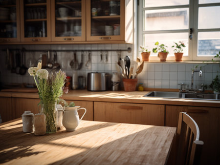 Interior of modern kitchen with wooden table and chairs, shallow depth of fieldの写真素材