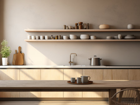 Interior of modern kitchen with beige walls, concrete floor, wooden countertops and cupboards. 3d renderingの写真素材