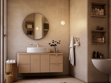 Bathroom interior with beige walls, wooden floor, brown bathtub and round mirror. 3d renderingの写真素材