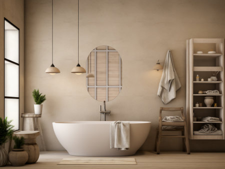 Bathroom interior with white bathtub and wooden floor. 3d renderingの写真素材