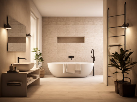 Modern bathroom interior with beige walls, tiled floor, comfortable white bathtub and shelves with towels. 3d renderingの素材